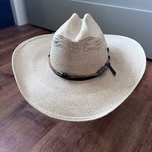 Bailey U Rollit Straw Cowboy Hat Men Natural Woven Leather Band Beads Western